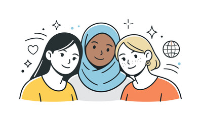 Inclusive Female Portrait. Inclusive Female Portrait. A close-up style portrait of women with calm facial expressions and soft posture. The illustration