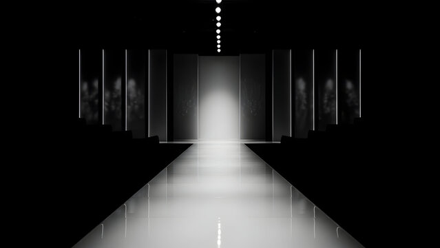 Empty Fashion Runway Catwalk Stage with Spotlight and Dark Seating