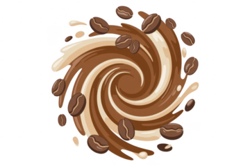 Coffee swirl with beans on black brown liquid isolated on a transparent background