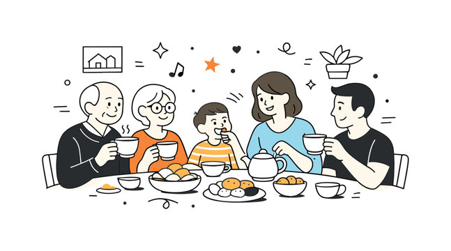 Family Tea Gathering. Visiting relatives tea time. Family members gathered around a table with tea and snacks, cozy atmosphere and unhurried togetherness.