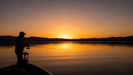 Fisherman Silhouetted Gracefully at Sunset Casting a Line