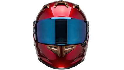 Isolated motorcycle helmet has a blue visor and is a shiny burgundy color with bronzed trim
