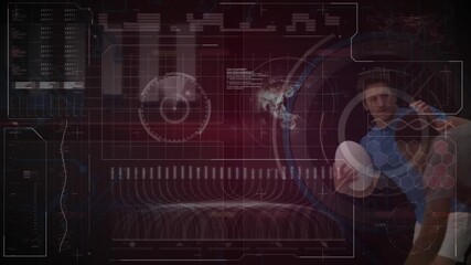 Animation multiple exposure shot of various diagrams over multiracial players playing rugby