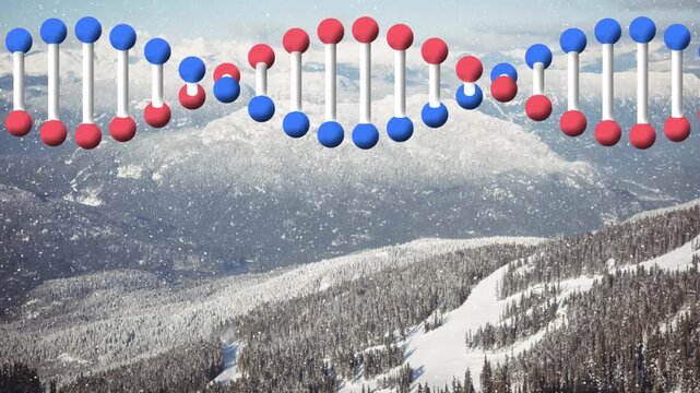 Animation of dna strand spinning over fit clouds and winter landscape