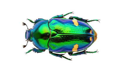 Isolated iridescent scarab beetle Jewel beetle in iridescent green and gold colors closeup