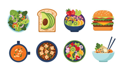 Assorted healthy food illustrations including salads, fresh fruits, and nutritious meals in bowls and plates, showcasing diverse and vibrant culinary options for a balanced diet lifestyle.