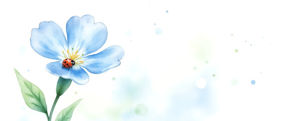 Obraz premium Watercolor blue flower with tiny ladybug on petal and soft bokeh background dots for gentle nature greeting card design