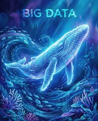 Enormous Whale Surrounded by Digital Data and Oceanic Life Forms