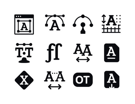 Advanced Typography Icons. Advanced type design. Solid icon set of advanced type design: glyph editor, vector handles, bezier curve, anchor points, kerning