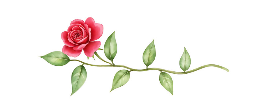 Watercolor illustration of blooming red rose flower on green vine with delicate leaves isolated on white background art