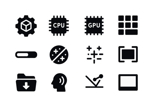 3D Workflow Icons. 3D rendering workflow. Solid icon set of 3D rendering workflow: render engine icon, CPU icon, GPU icon, tile render pattern, progress bar,