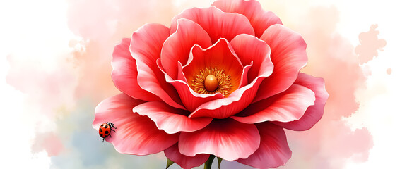 Extreme close up of large pink red rose center with golden pollen and small ladybug insect visitor