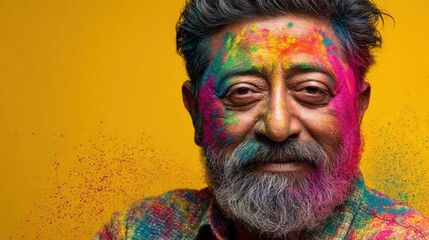 Older indian man covered in bright Holi pigments, gulal clouds