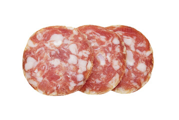 Sliced smoked sausage isolated on white background