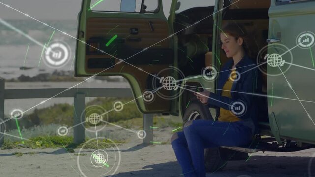 Animation of network of connections over drone with parcel over airport