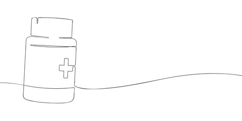 Minimal line illustration of a medicine bottle with a medical cross symbol, commonly used for storing pills supplements and pharmaceutical products.