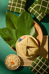 Chung cake sliced and arranged with dong leaves and ingredients. Suitable for food branding, Tet...