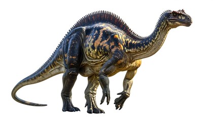 Large herbivorous dinosaur, featuring dark body with orange splotches