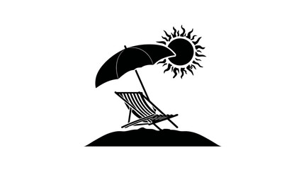 Black silhouette of a beach scene including a beach chair, umbrella, and the sun