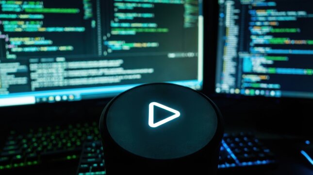 Modern Technology Concept with Coding Screen and Play Button - Powered by Adobe
