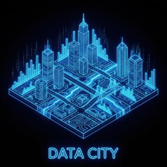 Futuristic Neon Cityscape with Data Visualization Elements