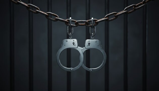 Handcuffs hanging from a heavy, rusty chain in front of blurred dark prison bars, symbolizing concepts of crime, justice, law enforcement, and punishment within a legal system