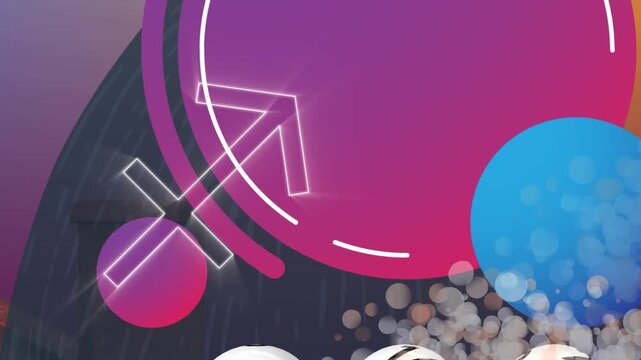 Composition of red curve curved colourful music stave and notes over purple lights on black