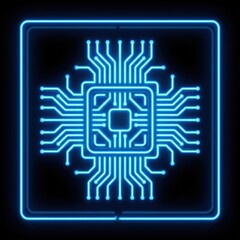 Neon Circuit Board Design with Glowing Blue Lines and Patterns