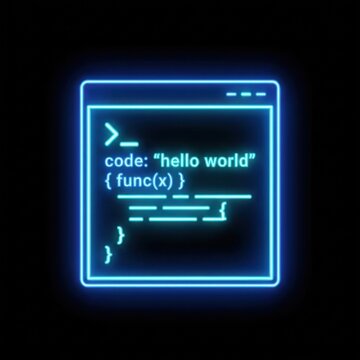 Neon Code Display with Hello World Programming Example in Dark Background