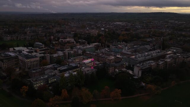 Aerial Drone View of Oxford City and University at Sunset