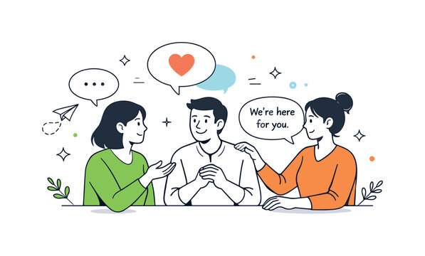 Empathy in Workplace. Supportive work culture. Colleagues having an open conversation with speech bubbles and heart icons, showing empathy and psychological