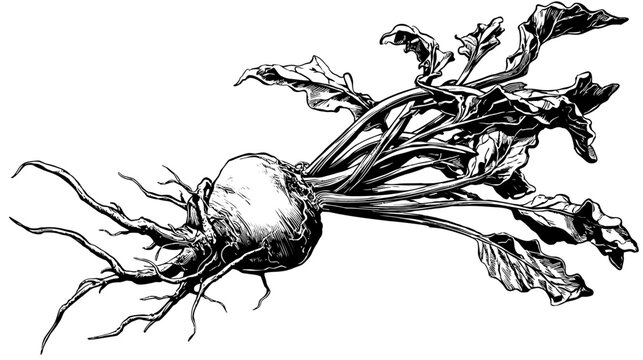 A detailed black and white illustration of a beet with roots and leafy greens