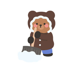 A cute bear shoveling snow outside wearing a hooded coat mittens and winter pants