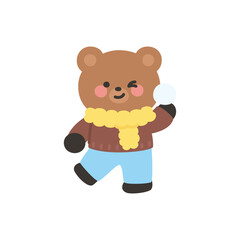 A cute bear holding a snowball ready to throw