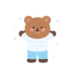 A cute bear enjoying falling snowflakes
