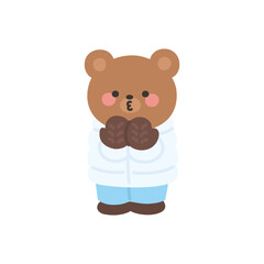 A cute bear blowing warm air into its hands