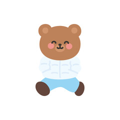 A cute bear jumping with legs wide apart while keeping both hands inside its pants pockets