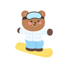 A cute bear snowboarding downhill wearing goggles