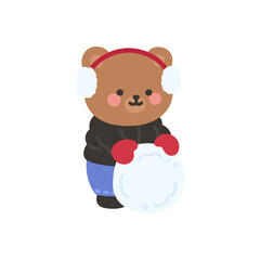 A cute bear shaping a big snowball outdoors