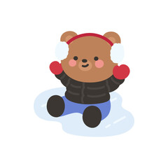 A cute bear sitting on ice raising its mittens