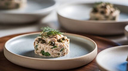Chicken rillettes plated simply, neutral ceramics, clean modern approach