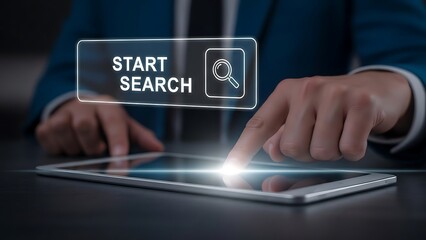 Person searching on tablet with virtual search bar in modern professional attire with blue jacket and white shirt in soft studio lighting for technology advertising
