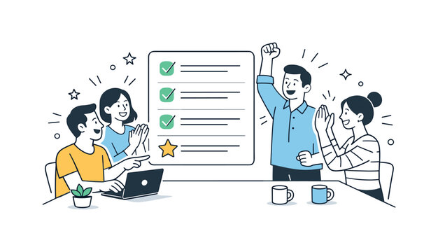 Team Success Celebration. Productivity team success. Team reviewing completed tasks and celebrating progress together. Positive momentum, motivation and shared