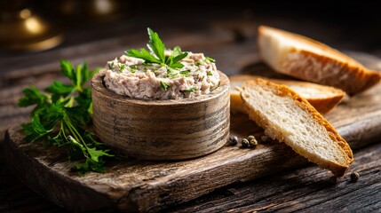 Duck rillettes on rustic wooden board, torn bread, natural textures