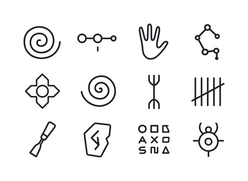 Alien Cave Icon Art. Alien cave paintings and symbols. Line icon set of Alien cave paintings and symbols: spiraled glyph, star alignment marking, alien