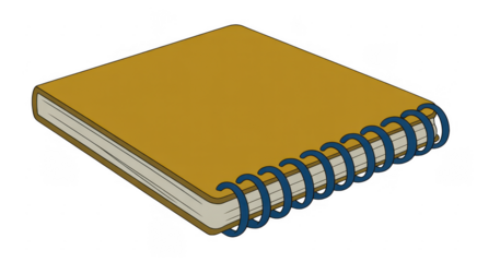 Yellow notebook with blue spiral binding isolated on a transparent background
