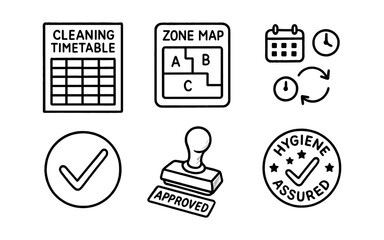 Cleaning and scheduling icons: timetable, map, checklist, calendar, approved stamp, hygiene seal