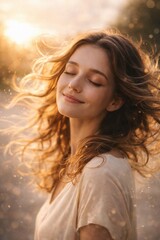 a woman closing her eyes with a gentle smile 