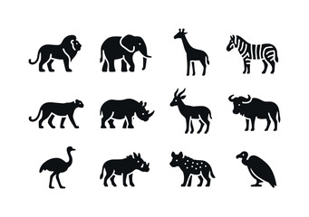 Fototapeta premium Savanna Animal Icons. Savanna Animals. Solid icon set of Savanna Animals: lion, elephant, giraffe, zebra, cheetah, rhinoceros, antelope, wildebeest, ostrich,