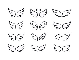 Fototapeta premium Angel Wing Icons. Angel wings. Line icon set of angel wings: double wing crest, halo floated, wing ripple, feather motif, airy swirl pair, divine accent curve,